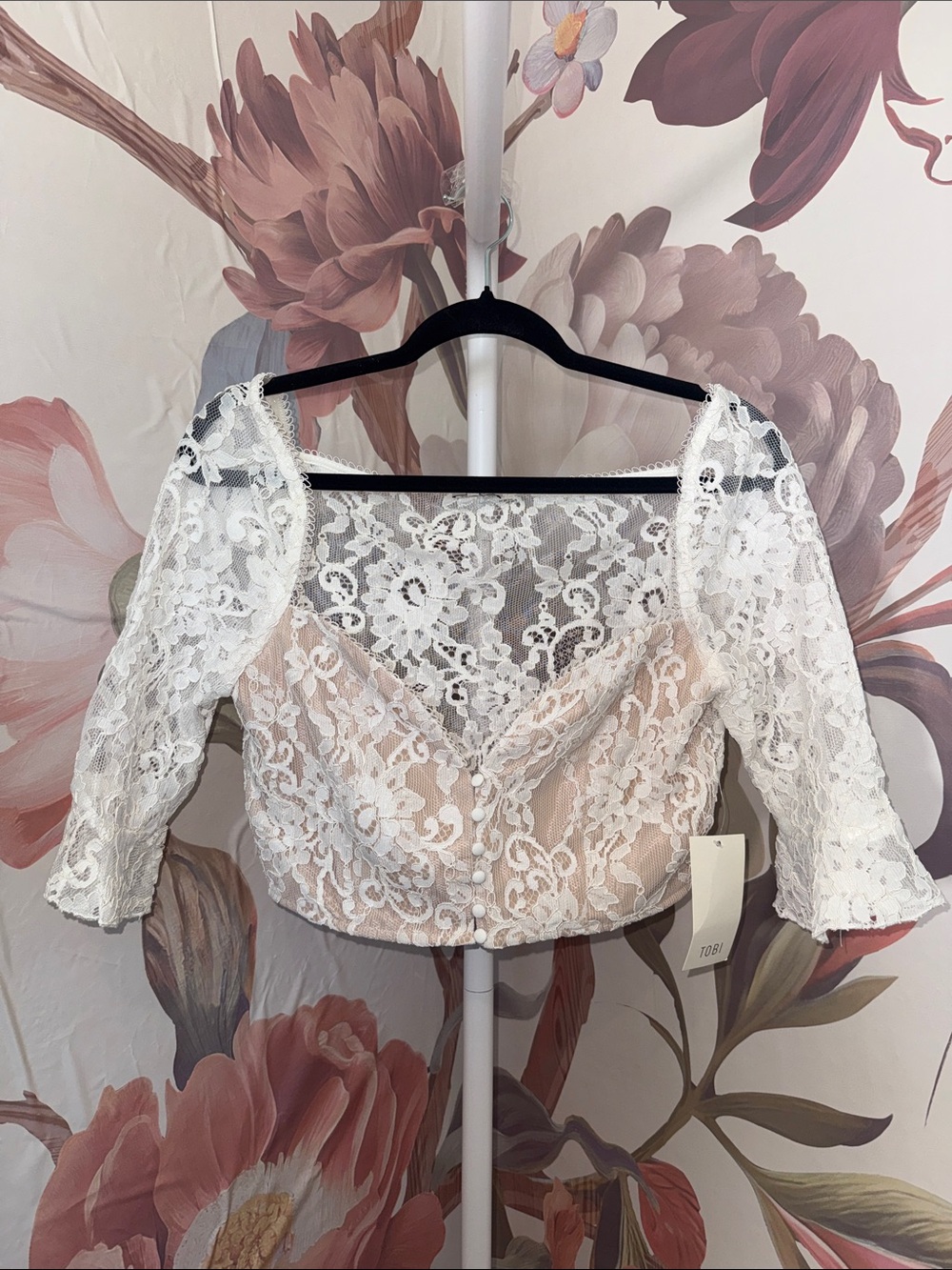 White Lace Cropped Blouse with Button Front